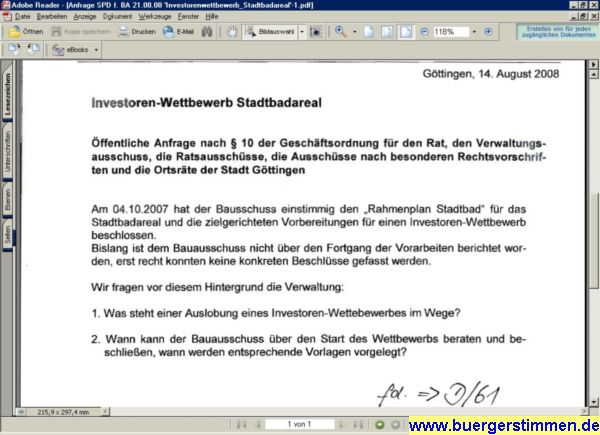 Pressefoto: Porth , 2008 © Die Anfrage der SPD zu den Fortschritten bei der Auslobung des Investorenwewttbewerbs für das Stadtbadareal - Bildschirmscan