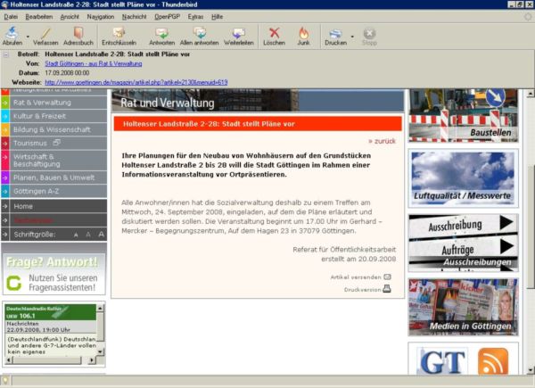 Pressefoto: Porth , 2008 © Screenplot des RSS-Feed - Als Empfangsdatum ist oben links der 17.9. angegeben - als Erstellung ist unterm Text der 20.9. angegeben
